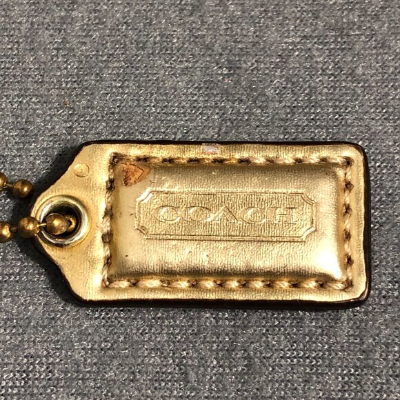 1.5" VINTAGE COACH Gold Metallic Leather Nickel Fob Bag Charm Keychain Hang Tag - Picture 2 of 5